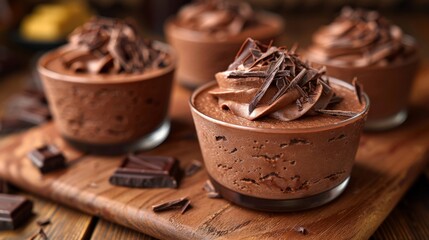 a Belgian Chocolate Mousse, rich and airy, garnished with chocolate shavings, sweet dessert and cake