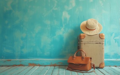 A suitcase and a hat are placed on a wooden floor