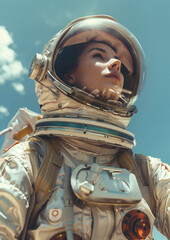 glamorous actress astronaut costume old hollywood movie style headshot vintage colorized photo on blue sky cloud background - obrazy, fototapety, plakaty