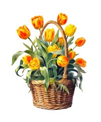 Wicker basket with bouquet of yellow tulips isolated on white background, watercolor style.