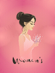 Greeting card with young delicate girl and flowers in delicate shades