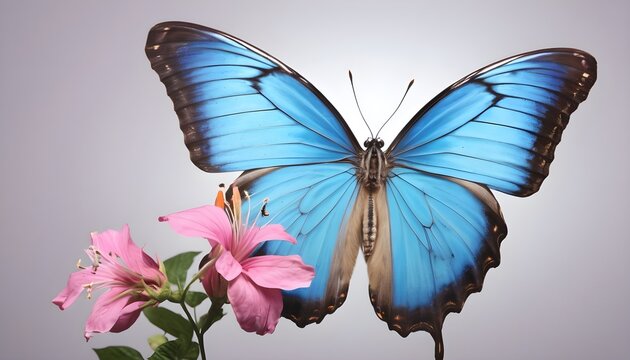 Blue and black morpho butterfly on a flower, opne wings
