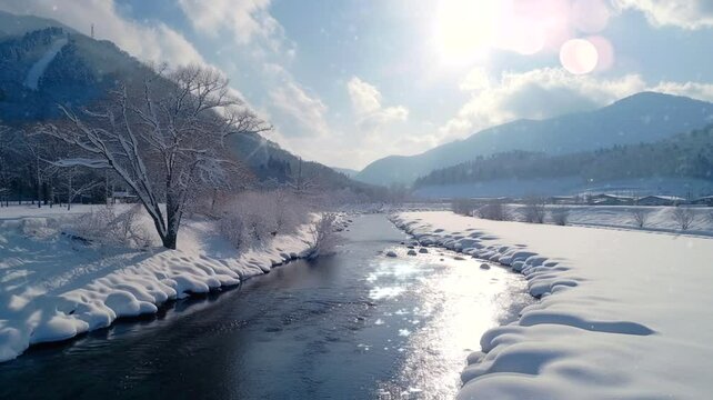A river scene in winter with mountains in the background, 4k animated virtual repeating seamless