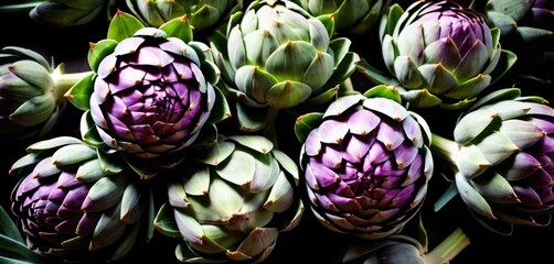 Fototapeta premium a bunch of artichokes sitting next to each other on top of a green leafy counter top.