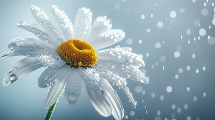 Visualize the delicate beauty of a daisy flower adorned with raindrops, its petals glistening in the perfect lighting.
