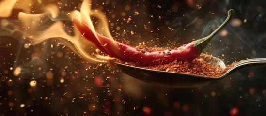 Zelfklevend Fotobehang A hot chili pepper is placed on a sizzling frying pan, and flames are erupting from it in a fiery display. The chili is being cooked at high heat, creating a visually striking scene. © TheWaterMeloonProjec