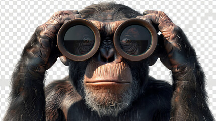 A curious cartoon monkey peering through a pair of binoculars. - obrazy, fototapety, plakaty