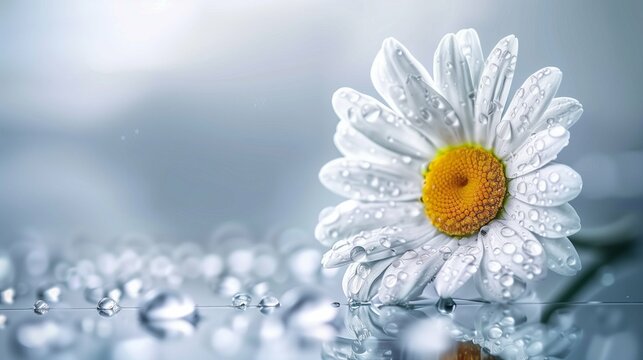 Visualize the delicate beauty of a daisy flower adorned with raindrops, its petals glistening in the perfect lighting.
