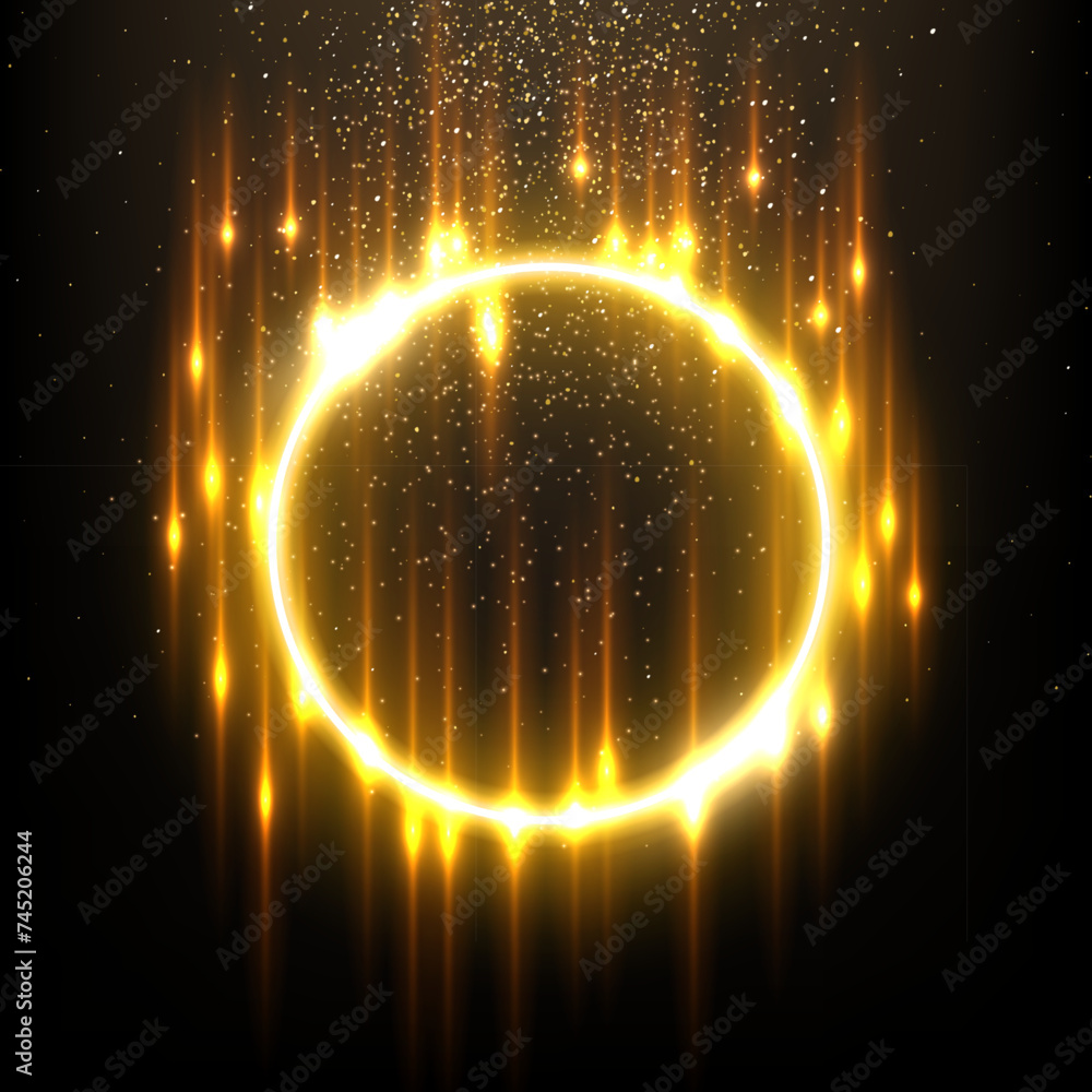 Aufkleber gold ring with flash rays and sparks vector illustration. realistic 3d circle shiny golden frame wit