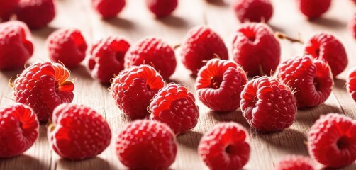 a group of raspberries sitting on top of a wooden table next to a pile of raspberries.