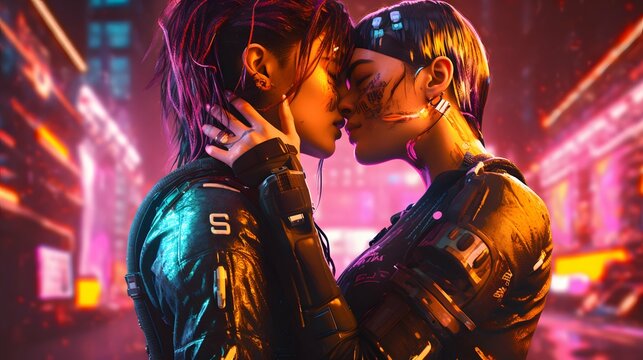 Two futuristic neon glowing lesbian women hugging and kissing each other cyberpunk style and neon glowing background
