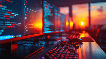 An immersive coding environment with multiple monitors displaying programming code, bathed in the warm glow of a sunset.
