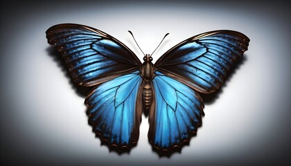 Blue and black morpho butterfly with open wings isolated on white