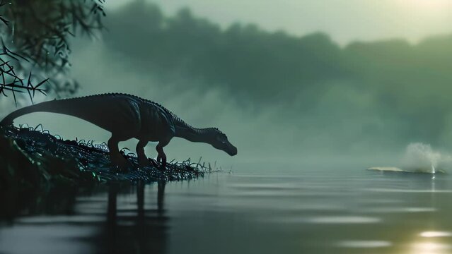 Silhouette of a dinosaur on a riverbank background