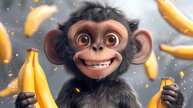 A mischievous cartoon monkey with a sly grin holding bananas.