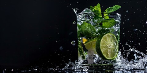Refreshing mojito cocktail splash on dark background, summer drink concept with lime and mint, ideal for bar and restaurant menus. AI