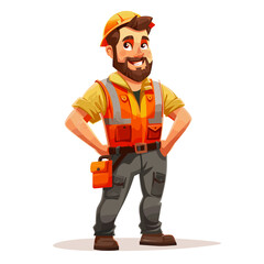 Fototapeta premium Happy handsome man builder in construction clothes and helmet in orange colors on white background, cartoon style vector