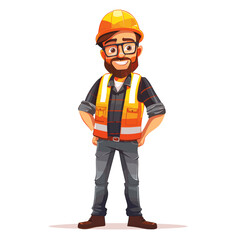 Happy handsome man builder in construction clothes and helmet in orange colors on white background, cartoon style vector
