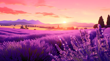 A field of lavender flowers with a blurry sky in the background - obrazy, fototapety, plakaty