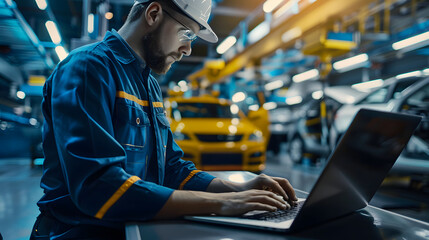 Technician working on a laptop in a factory, he is typing on a keyboard. Engineer check and control machine in factory automotive industrial.