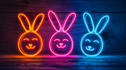 Neon Easter bunnies with ears on wooden background. Happy Easter concept.