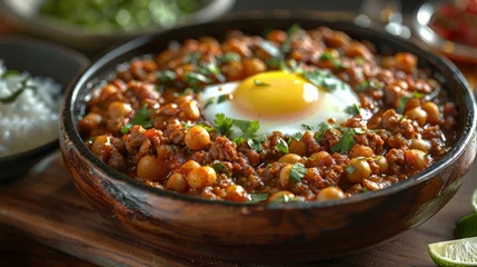 Fotobehang a South African bobotie dish, spiced minced meat with an egg-based topping, traditional recipe © arhendrix