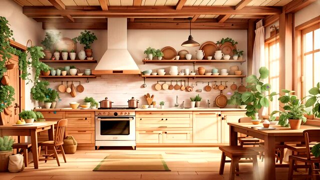 Cozy Farmhouse Kitchen: Rustic Charm and Natural Beauty. Seamless looping 4k time-lapse video animation background