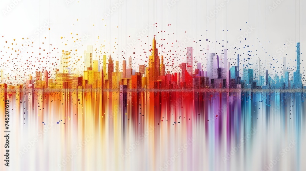 Poster an artistic representation of a smart city, depicted by dots and connecting gradient lines to symbol