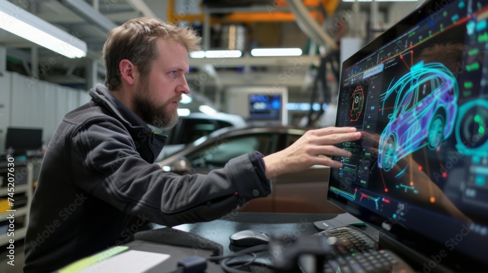Poster an engineer designing an electric car using augmented reality and viewing the car as a projection or