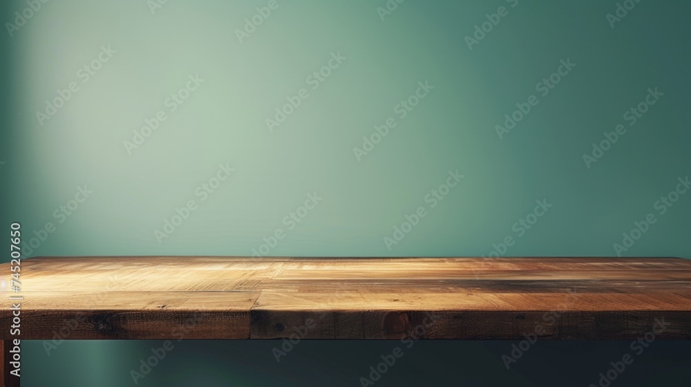 Poster an empty wooden table set against a soothing green background, creating a serene and natural setting