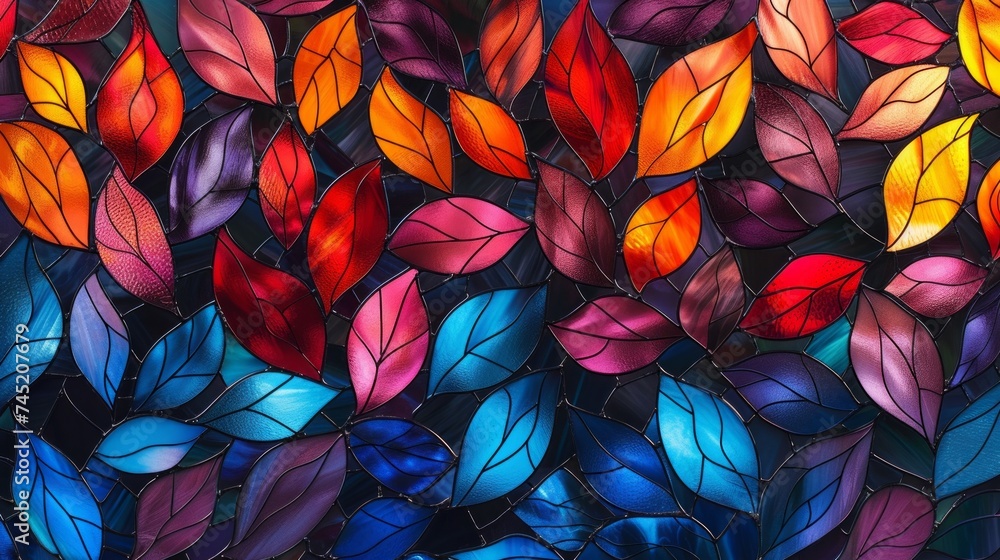 Poster an exquisite stained glass window background, artfully crafted with colorful abstract shapes that bo