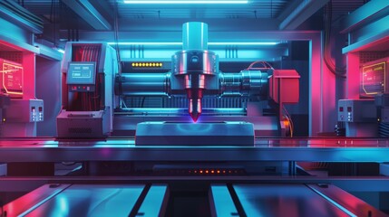 An artistic rendition of a high-precision CNC machine tool, highlighting its sleek design and advanced technology. Futuristic setting with neon lights and high-tech ambiance, AI Generative