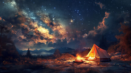 An idyllic campsite scene with a tent nestled by the campfire under a mesmerizing starry sky The night is alive with the sound of nature, and the warm glow of the fire, AI Generative