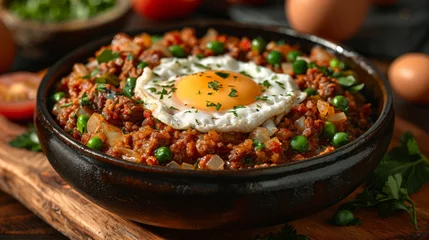 Fotobehang a South African bobotie dish, spiced minced meat with an egg-based topping, traditional recipe © arhendrix