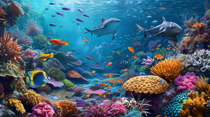 Naklejka na ściany i meble An underwater scene showcasing a school of vibrant fish, coral reefs, and marine life, illustrating the diversity and grace of wildlife in oceanic habitats Created Using Vibrant, AI Generative