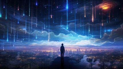 Celestial City Showers. A solitary figure stands before a city under a sky with glowing meteorological phenomena.