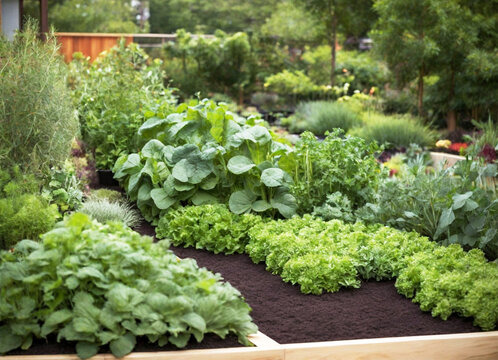 Lush organic raised bed vegetable garden featuring healthy rows of kale, lettuce, and fresh aromatic herbs in a sustainable backyard homestead