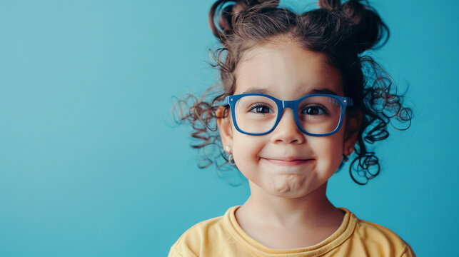 portrait of happy smiling child with glasses.