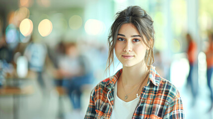 A young woman in a plaid shirt stands confidently in a bustling public space, her gaze serene yet focused.