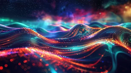 Foto op Canvas Neon Digital Waves. Vibrant digital waves ripple with neon lights against a cosmic backdrop © banthita166