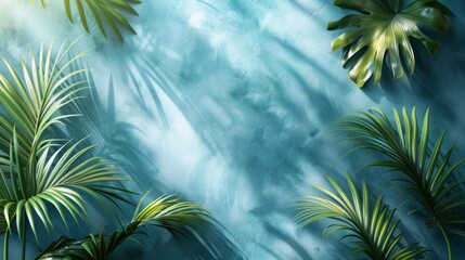 Blurred shadow of palm leaves on light blue wall, minimal abstract background, perfect for product presentation, springsummer theme, wide format, digital art, AI Generative