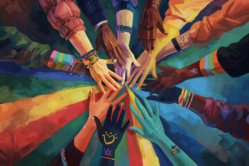 Hands of different ages and nationalities reach out and shake hands in unity, forming a circle of colors of pride.