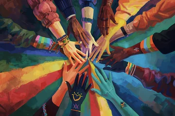 Foto op Aluminium Hands of different ages and nationalities reach out and shake hands in unity, forming a circle of colors of pride. © Digitalphoto 4U