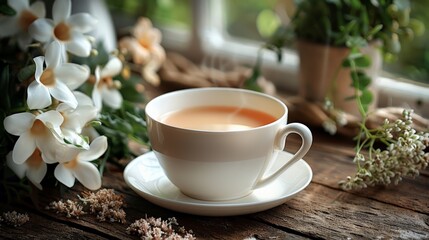 Macro photograph of a British tea with milk, delicate porcelain cup, warm and comforting,