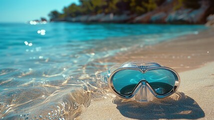 Fototapeta na wymiar Diving goggles on white sand near the beach