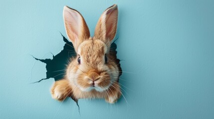 Bunny peeking from hole in blue wall, fluffy ears, Easter bunny banner, rabbit jumping from torn hole AI Generative