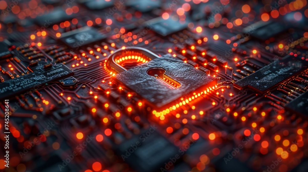 Aufkleber circuit pattern lock, symbolizing data security, cyber protection concept visualized, essence of cyb
