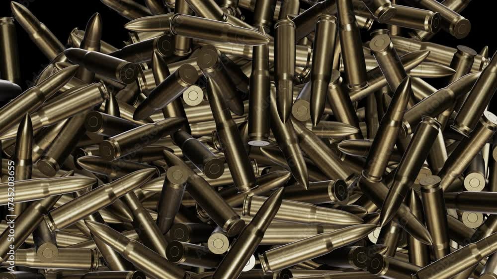 Poster realistic dof camera 3d animation of the 7.62 mm assault rifle ammo falling from the top and filling