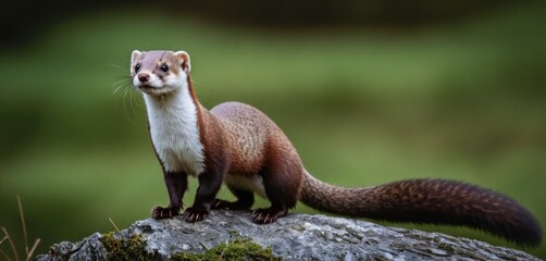 a brown and white ferret standing on top of a rock in front of a green grass and tree background.