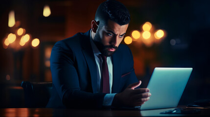 In a dark room, a man uses a laptop under warm light, hinting at late-night dedication. This scene reflects the intensity and focus required in professional and entrepreneurial ventures after hours. - obrazy, fototapety, plakaty